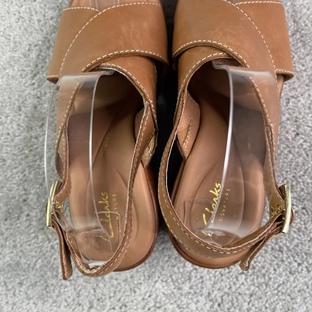 Clarks Manon Wish Sandals Women Size 8 Wide Tan Leather Wedge Slingback Platform